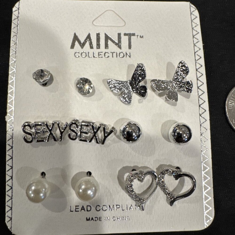 Mint 12 PC Faux Pearl Rhinestone Heart Stud Bows Sexy Mutlipack Earrings NEW